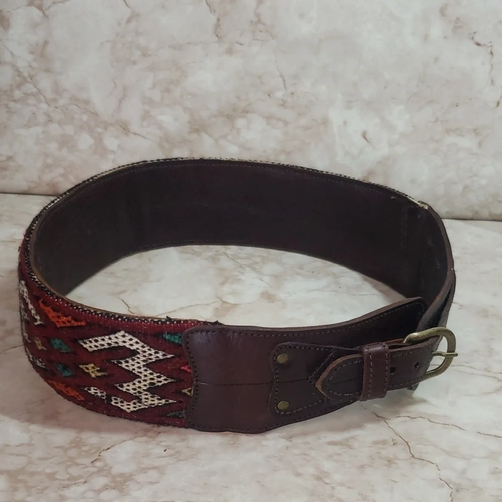 Motif 56 Brown Leather and Red Patterned Textile Women's Belt Size S